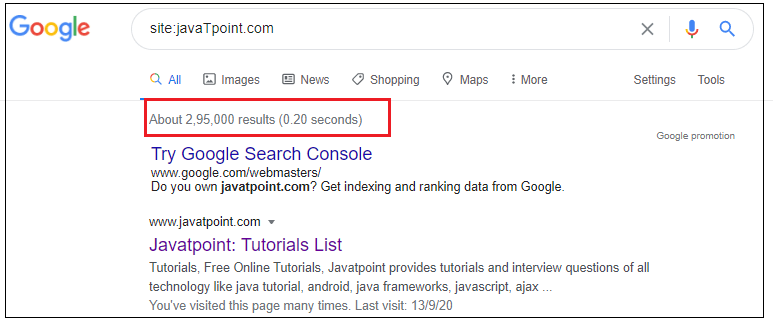 O gees © was {ware so.

 

   

Try Google Search Console

wan gage coments
30 you oan pEVBpOILCom 7 (ad (nding and tanking data trom Googe

wn vapor com +
Javatpoint: Tutonals List
roe Orde Tufortae Java! grade oriai, an
wl anon pava Warewonc, rear ol aye
ee Lid ved 197

cevares quinn, of al

 

       
 

 

wat
sgn
