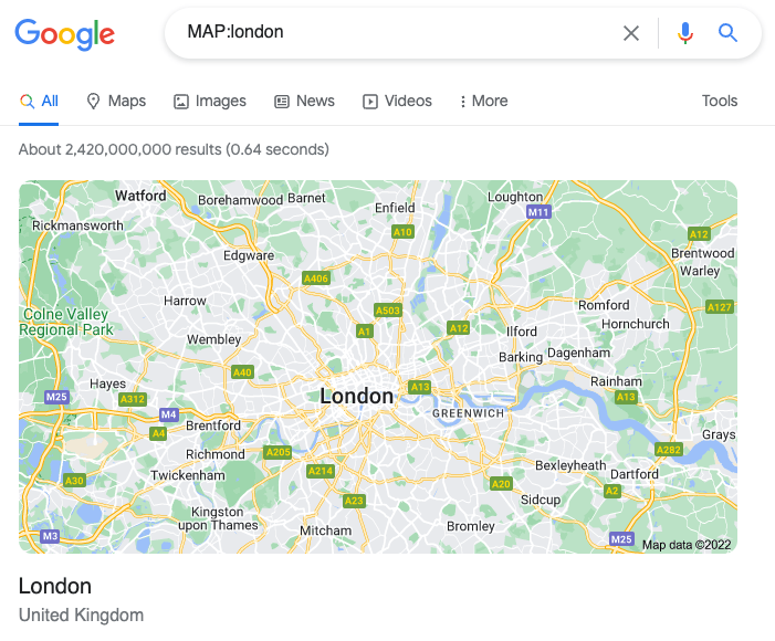 Google ~~ MAPiondon

QAI Q Maps (Dimages [News [Videos | More

ABOUT 2.420,000.000 resists (0 64 seconcs)