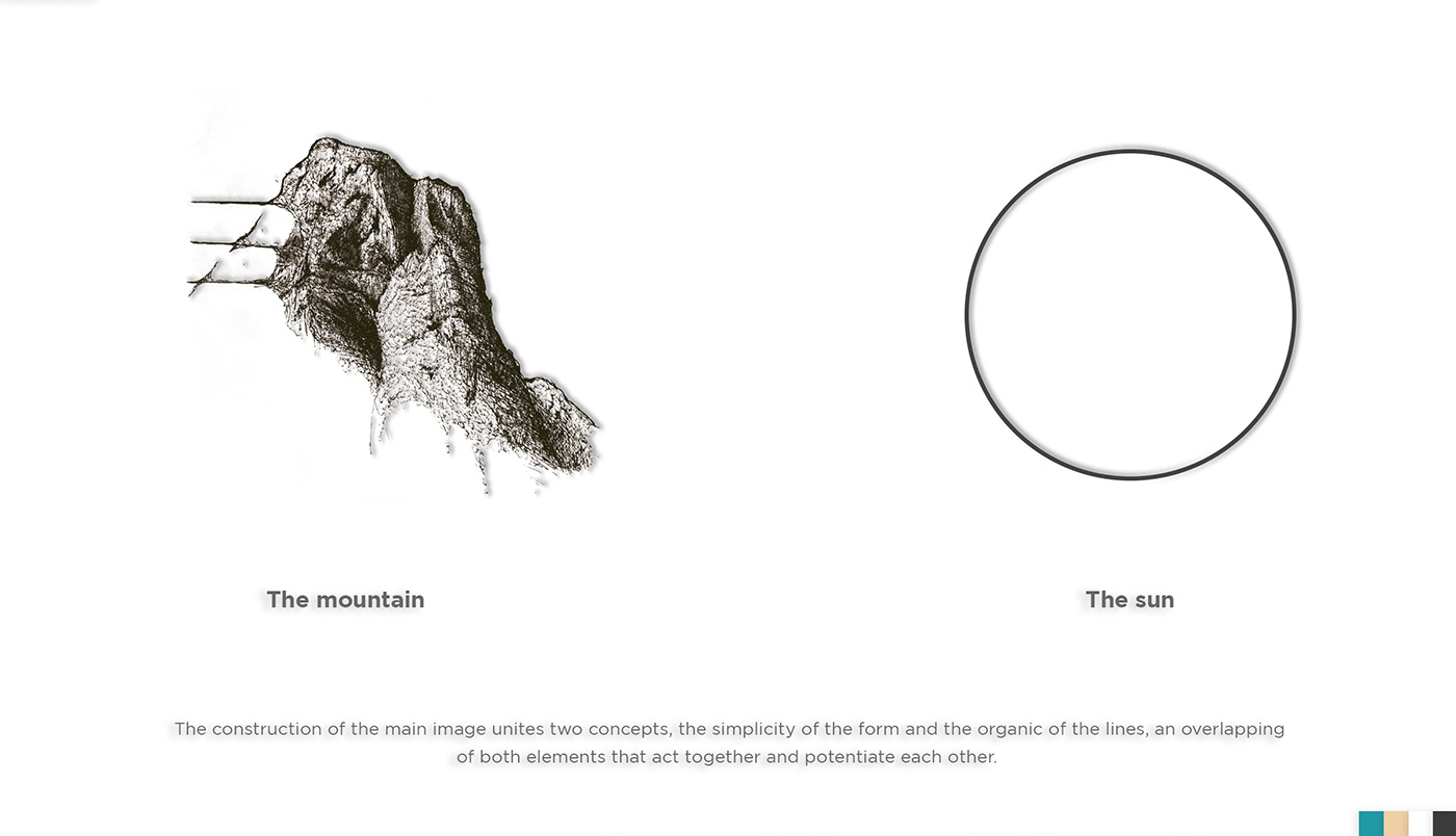 The mountain The sun

cepts, the

y of the form anc

e main image unites two e organic of the lines, an overlapping

pl

of both elements that act together and pote!

te each other