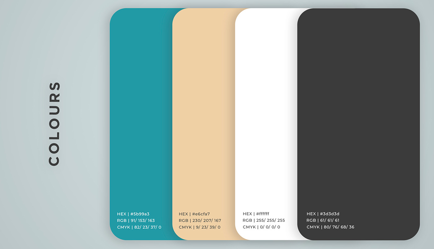 COLOURS

HEX | #559923
RGB | 91/ 153/163
CMYK | 82/23/37/0

HEX | Becta?
RGB | 230/ 207/167
CMYK | 9/23/39/ 0

x

2887 28

EX | 3333934

RGB | 61/ 61
CMYK | 80/ 76/ 68/ 36
