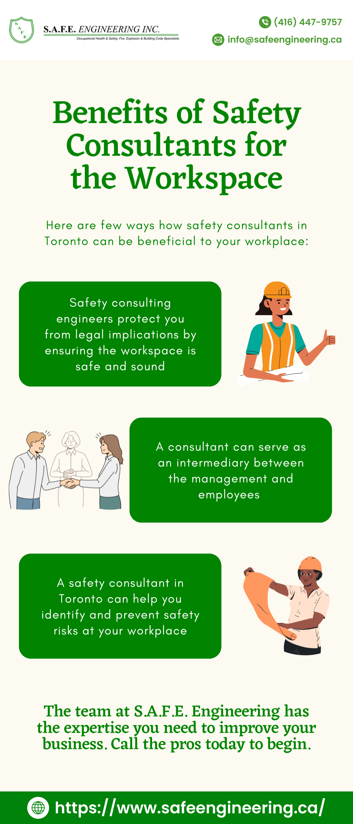 <= 416) 447-9757
, S.A.F.E. ENGINEERING INC. © (416)

Comin ct Bs Fn. Bi § iy Ch re ® info@safeengineering.ca

Benefits of Safety
Consultants for
the Workspace

Here are few ways how safety consultants in
Toronto can be beneficial to your workplace:

Safety consulting
engineers protect you
from legal implications by
ensuring the workspace is
safe and sound

A consultant can serve as
an intermediary between
the management and
SIE

A safety consultant in
Toronto can help you
identify and prevent safety
risks at your workplace

 

The team at S.A F.E. Engineering has
the expertise you need to improve your
business. Call the pros today to begin.

https://www.safeengineering.ca/