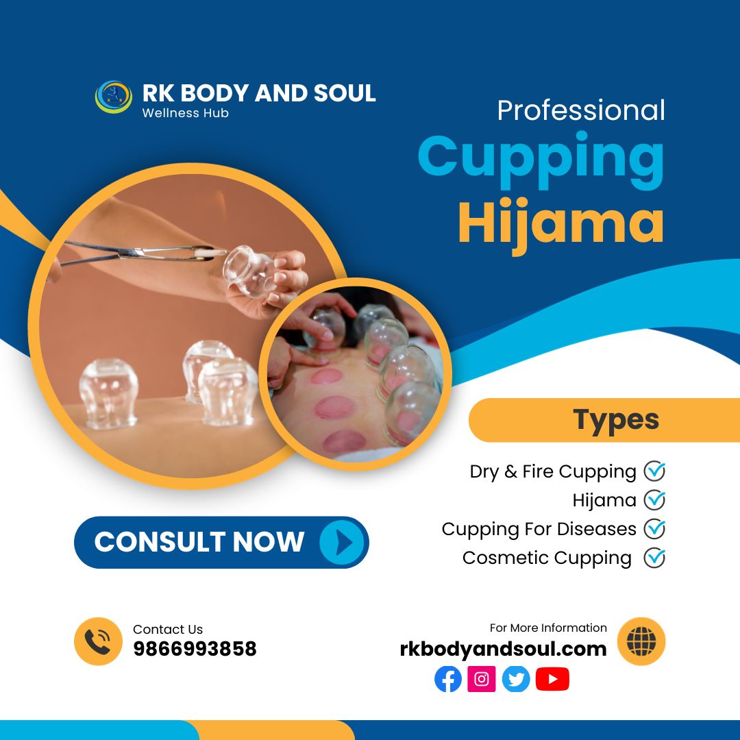 (@) RK BODY AND SOUL

Wellness Hub

Professional

   
    

Hijama

Types

Dry &amp; Fire Cupping J
Hijama &amp;

CONSULT NOW Cupping For Diseases (Vj

Cosmetic Cupping J

QA Contact Us For More Information
Q 9866993858 rkbodyandsoul.com iH]

6goo