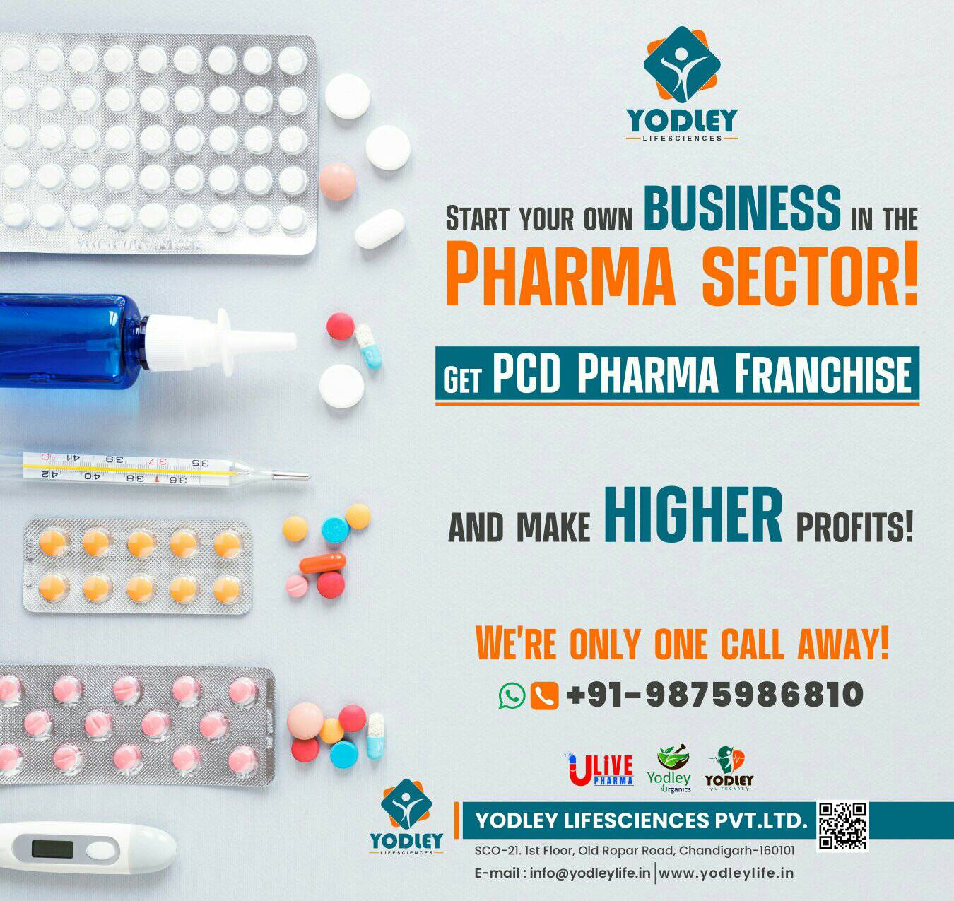 ’ nl ptt gt” YODLEY

ile starr vou own BUSINESS w me
~ PHARMA SECTOR!

ger PCD PHARMA FRANCHISE
ano make HIGHER prorirs:

WE'RE ONLY ONE CALL AWAY!
© +91-9875986810

 

|
ule & 8
Oo | EEE =
[E54

on YODLEY $CO-21. 1st Floor, Old Ropar Road, Chandigarh-160101
BE E-mail : info@yodieylife.in | www.yodleylite.in