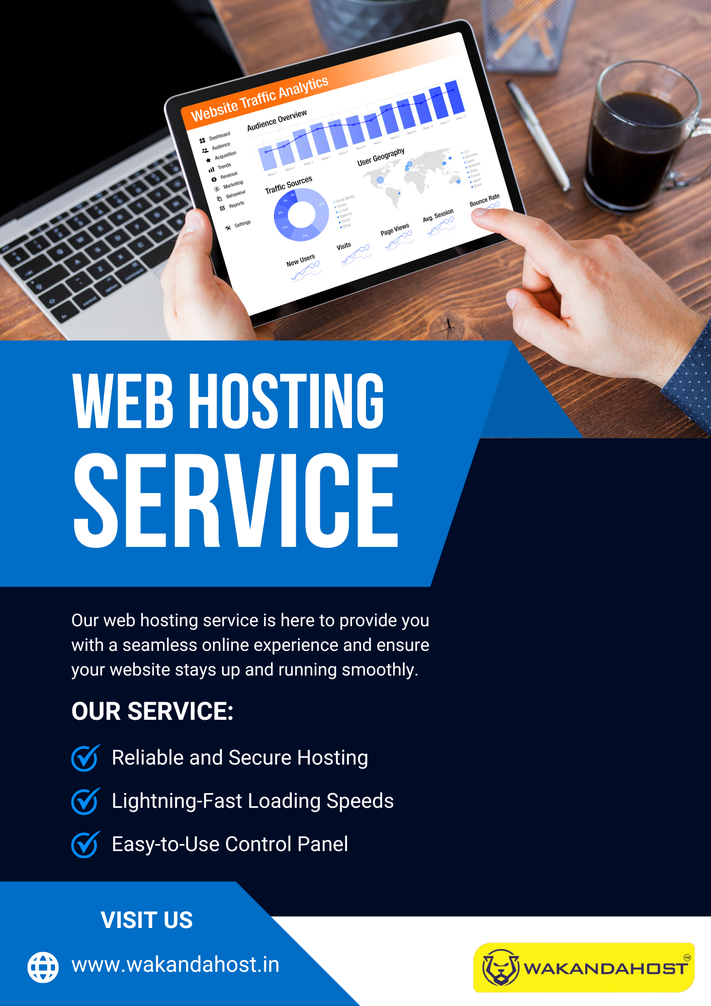 a

NaH:

Our web hosting service is here to provide you
with a seamless online experience and ensure
your website stays up and running smoothly.

OUR SERVICE:
Reliable and Secure Hosting
Lightning-Fast Loading Speeds

Easy-to-Use Control Panel

VISIT US

   

2] www.wakandahost.in {J wakanoarHosT