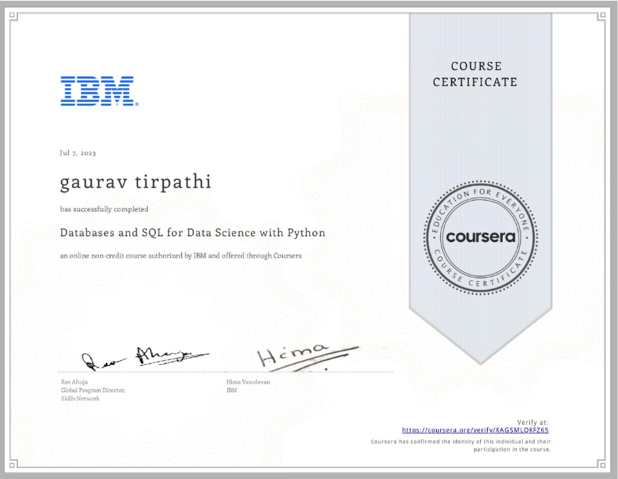 gaurav tirpathi
hr mt comet
Databases and SQL for Data Science with Python

iw en cdc chon by HM od olfernd romps Comers

Qo Womor—

COURSE
CERTIFICATE

[ET HY
